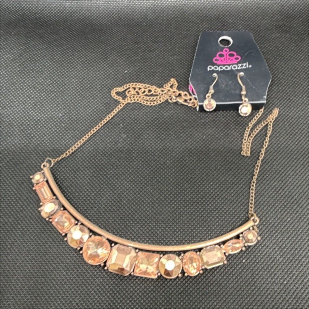 Paparazzi Rose Gold Jewelry Set Necklace & Earrings Round Oval Square Stones